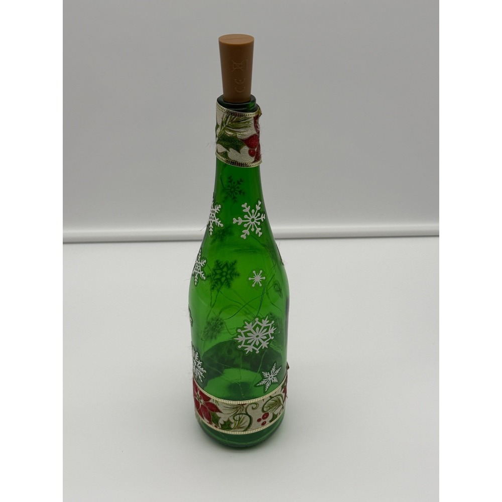 Green Glass Christmas Wine Bottle Light Snowflake Poinsettia Ribbon Decor
